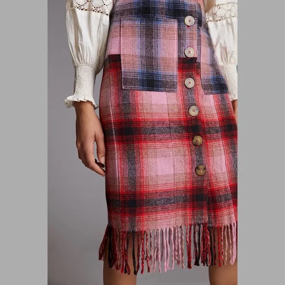 Anthropologie | Maeve Fringed Midi Skirt Plaid Pink Buttondown Christmas New 6 - Picture 5 of 15